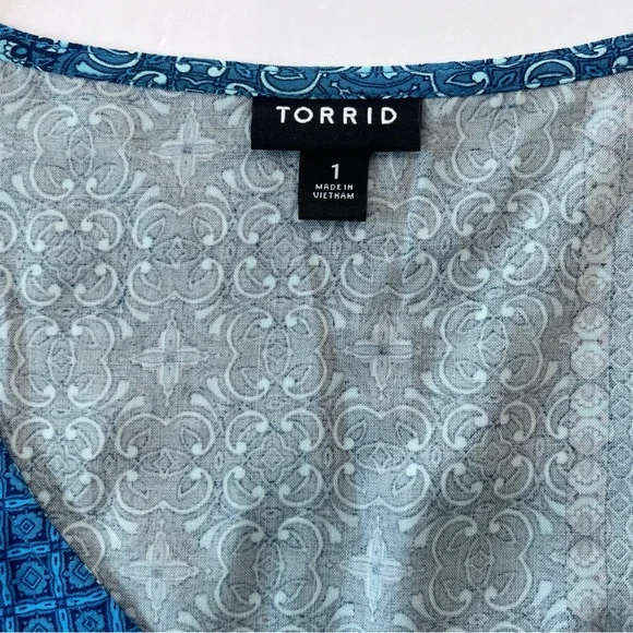 Torrid Blue Patchwork Short Sleeve Pockets Challis Flare Dress Size 1X - Picture 10 of 10